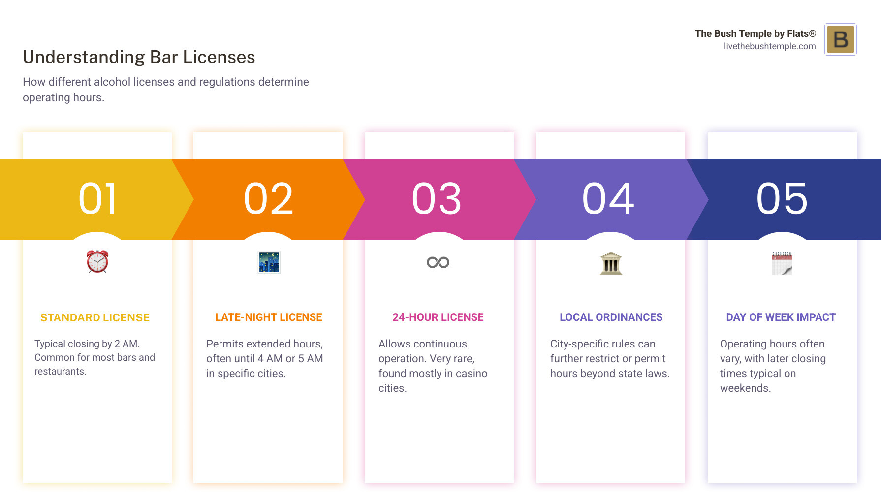 Infographic detailing differences between standard, late-night, and 24-hour bar licenses and typical operating hours by city - bars open infographic pillar-5-steps