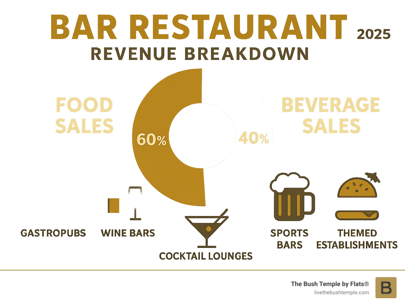 Infographic showing bar restaurant revenue breakdown with 60% food sales and 40% beverage sales, including types of establishments like gastropubs, wine bars, cocktail lounges, sports bars, and themed venues - bar restaurant infographic 
