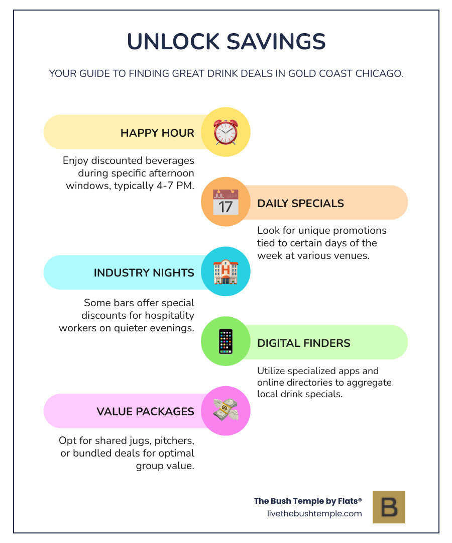 Infographic explaining happy hour - Cheap drinks Gold Coast infographic infographic-line-5-steps-colors