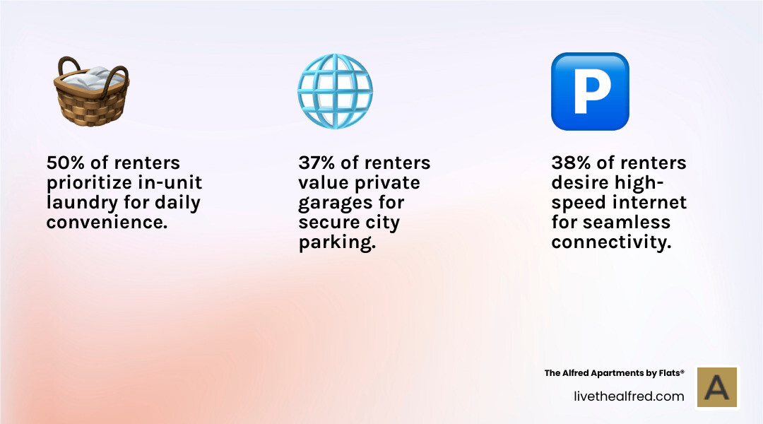 Infographic detailing top sought-after apartment amenities in downtown Chicago, including in-unit laundry, high-speed internet, fitness centers, pools, and coworking spaces. - apartment amenities downtown Chicago infographic 3_facts_emoji_light-gradient Infographic detailing top sought-after apartment amenities in downtown Chicago, including in-unit laundry, high-speed internet, fitness centers, pools, and coworking spaces. - apartment amenities downtown Chicago infographic 3_facts_emoji_light-gradient