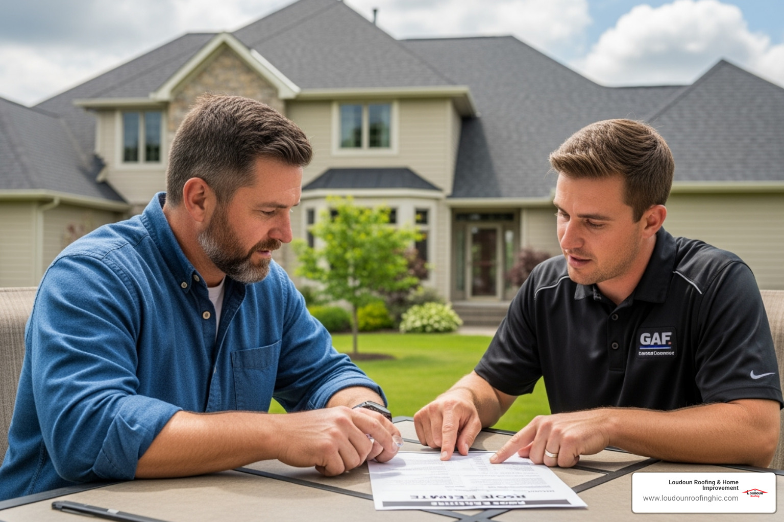 Homeowner reviewing roof estimate with a GAF certified contractor - GAF certified contractor