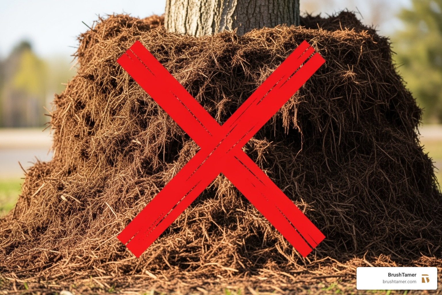 A "mulch volcano" around a tree trunk with a large red "X" over it - In-ground Mulching