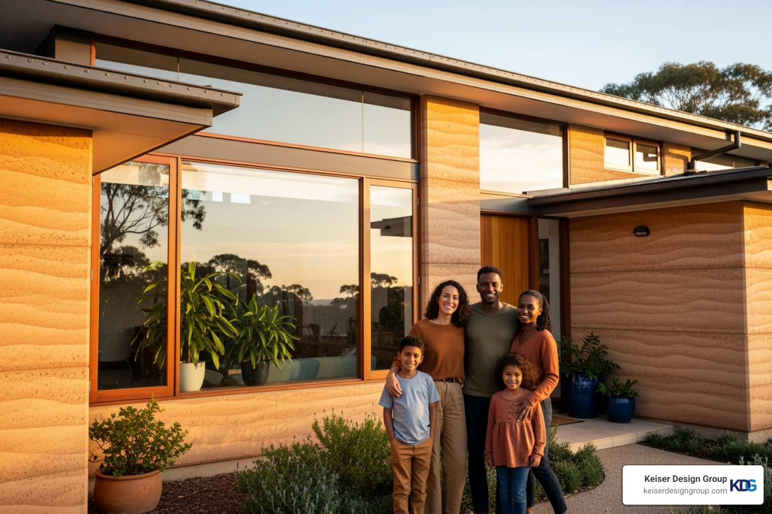 A beautiful, modern home constructed with warm-toned rammed earth walls, showcasing sustainable building materials. A diverse family is smiling in front of it. - eco friendly home architects