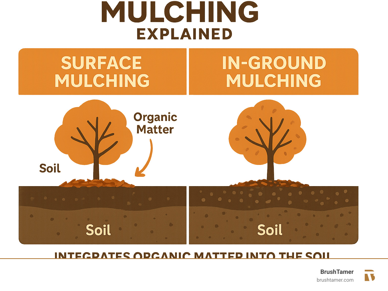 Infographic explaining the difference between surface mulching and in-ground mulching, highlighting how in-ground methods integrate organic matter into the soil - In-ground Mulching infographic 