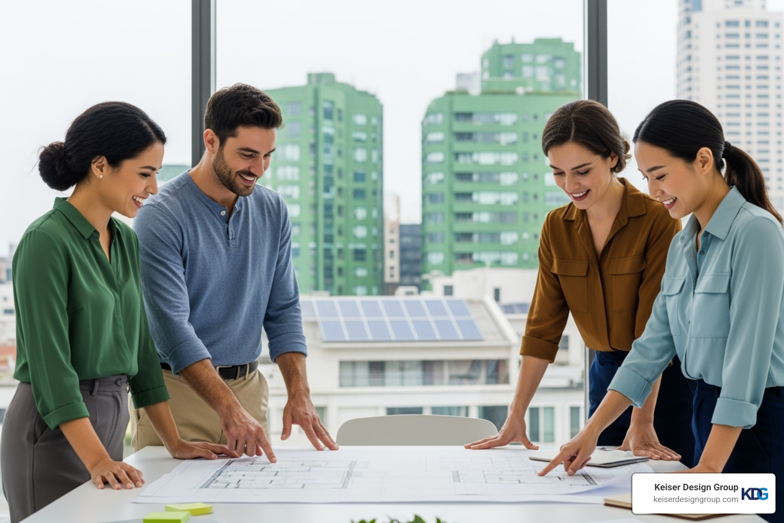 A diverse couple happily reviewing blueprints with a male and female architect, all in brand colors, symbolizing the positive economic and lifestyle benefits of sustainable design. - eco friendly home architects