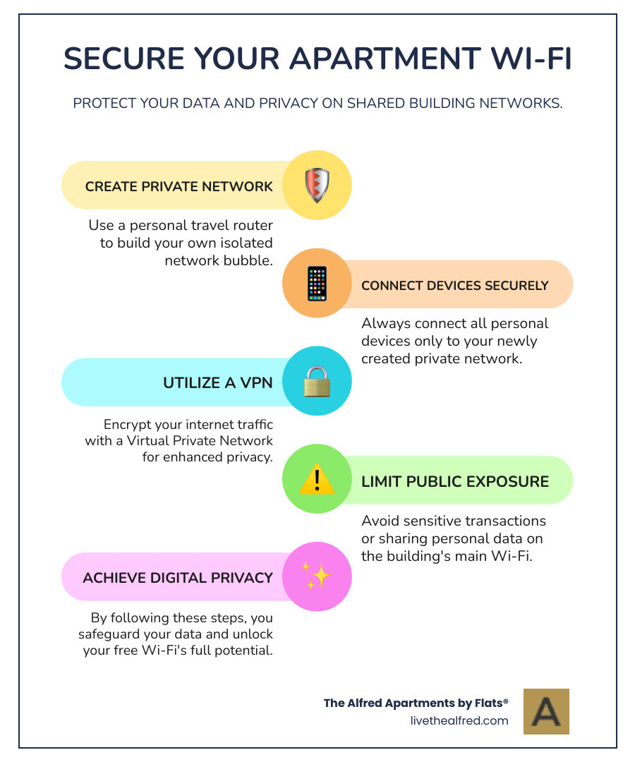 Infographic describing security differences between shared public Wi-Fi and a secure private home network, outlining key steps to secure personal devices on shared apartment Wi-Fi. - apartments with free wifi infographic infographic-line-5-steps-colors