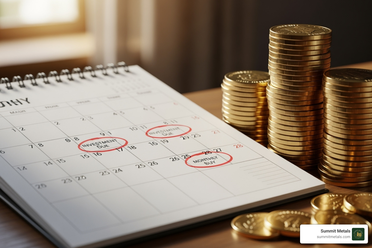 a calendar with recurring monthly investments pointing towards a stack of gold coins - financial fitness bullion reserve