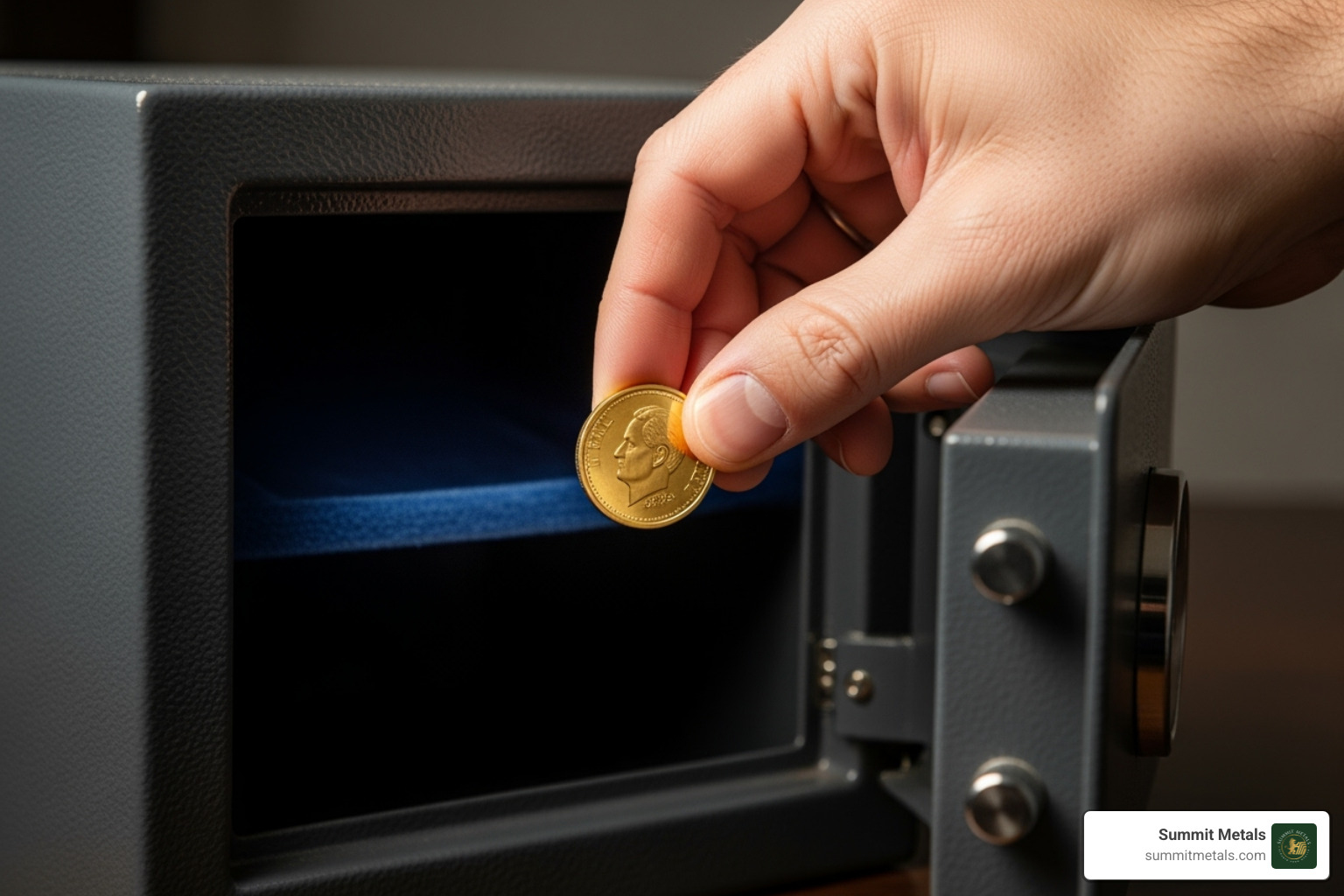 a person securely placing a gold coin into a home safe or a depository box - financial fitness bullion reserve