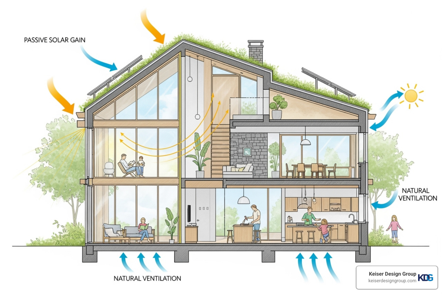 A cross-section diagram of a modern eco-friendly home, showing large south-facing windows for passive solar gain, strategically placed vents for natural ventilation, and thick, insulated walls. The diagram is positive and uses brand colors. - eco friendly home architects