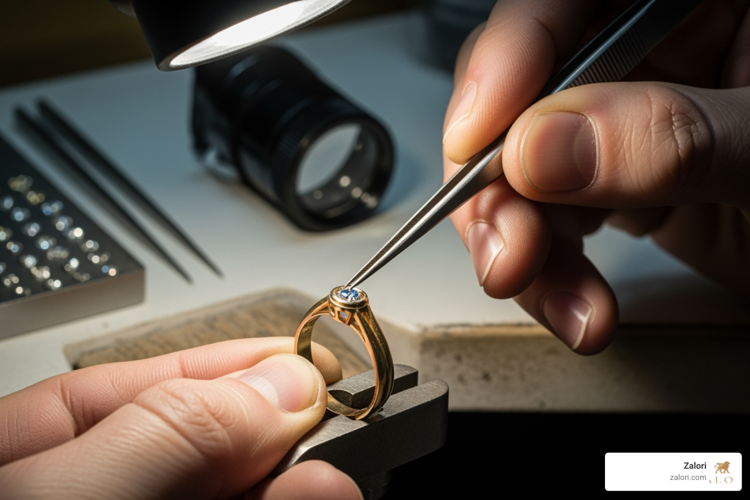 A jeweler's hands setting a stone into a gold ring - Authentic stone jewelry