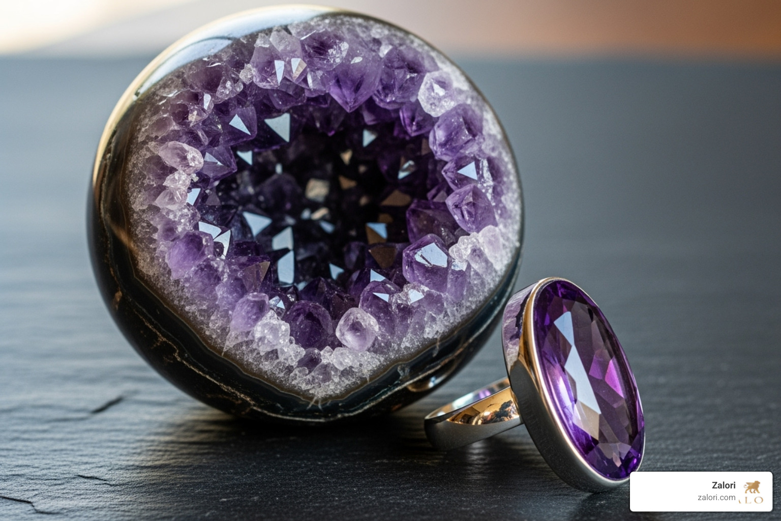 A raw amethyst geode next to a polished amethyst ring - Authentic stone jewelry