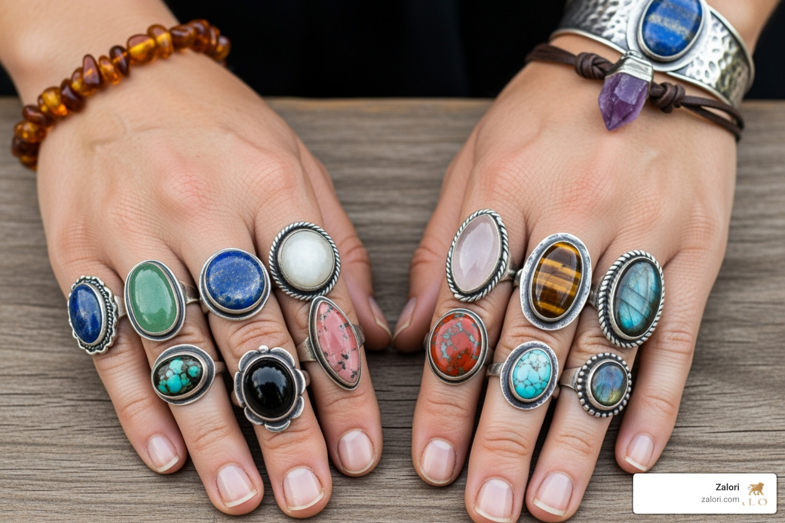 A woman's hands adorned with multiple authentic stone rings and bracelets - Authentic stone jewelry