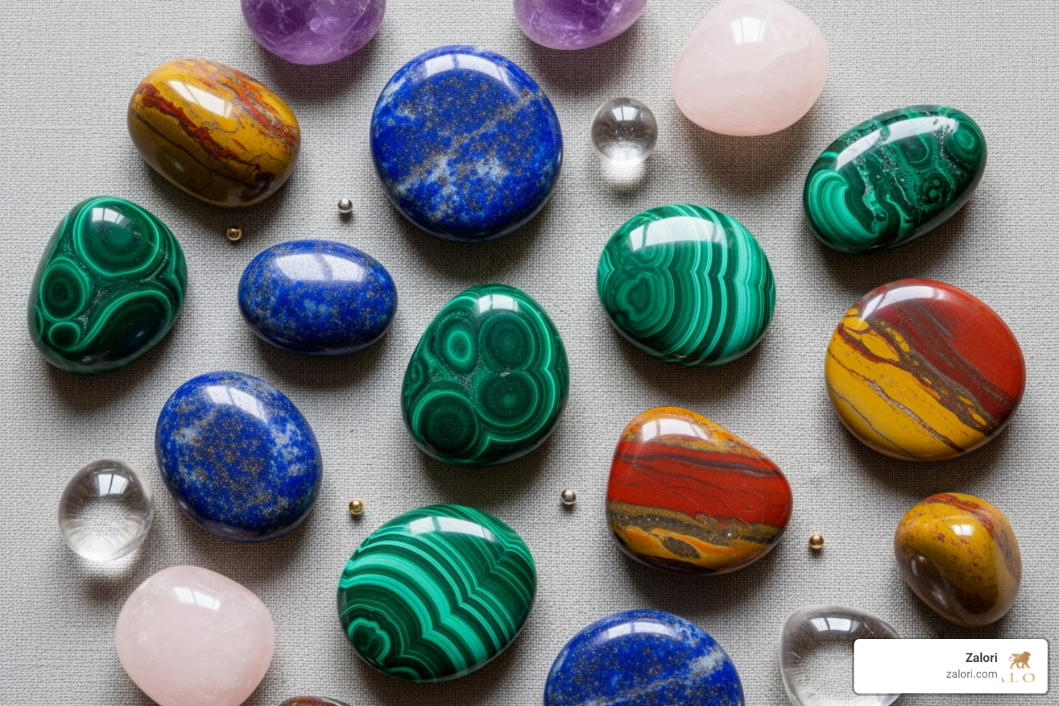 A colorful flat lay of various polished gemstones like lapis lazuli, malachite, and jasper - Authentic stone jewelry