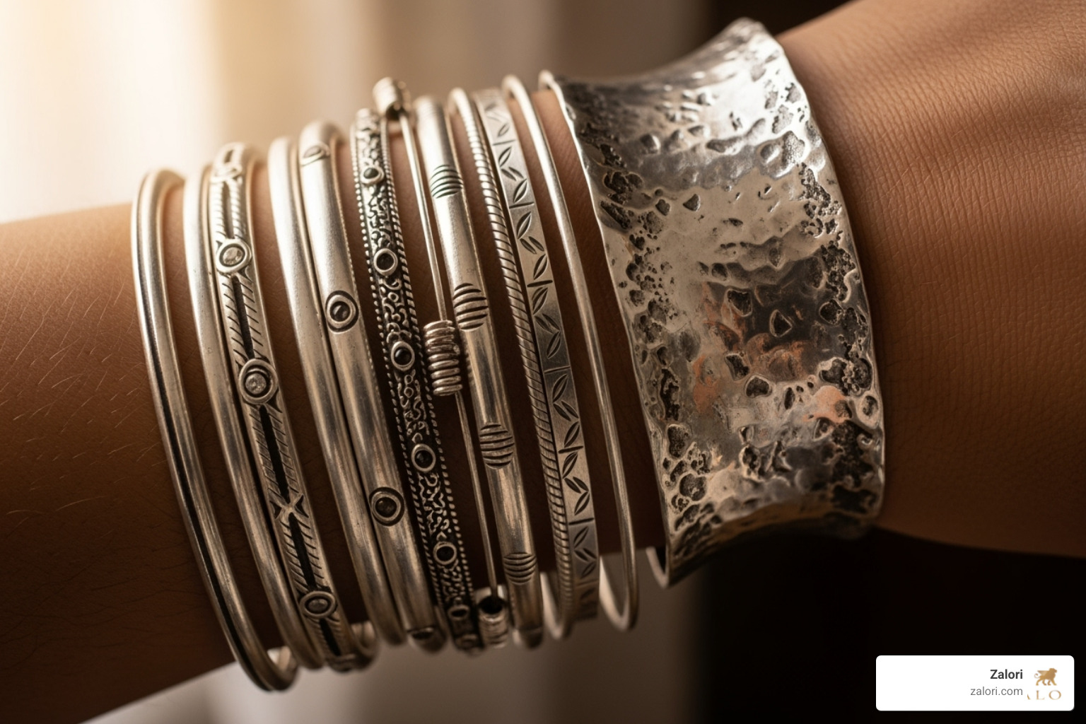 A stack of Zalori silver bangles and a cuff on a wrist - fine silver bracelet A stack of Zalori silver bangles and a cuff on a wrist - fine silver bracelet