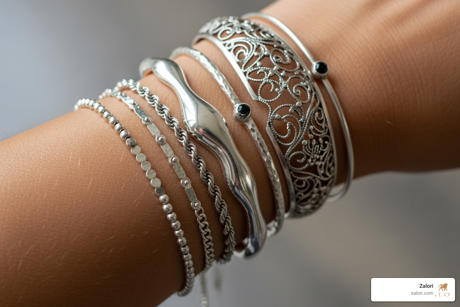 A person layering different types of Zalori silver bracelets - fine silver bracelet A person layering different types of Zalori silver bracelets - fine silver bracelet