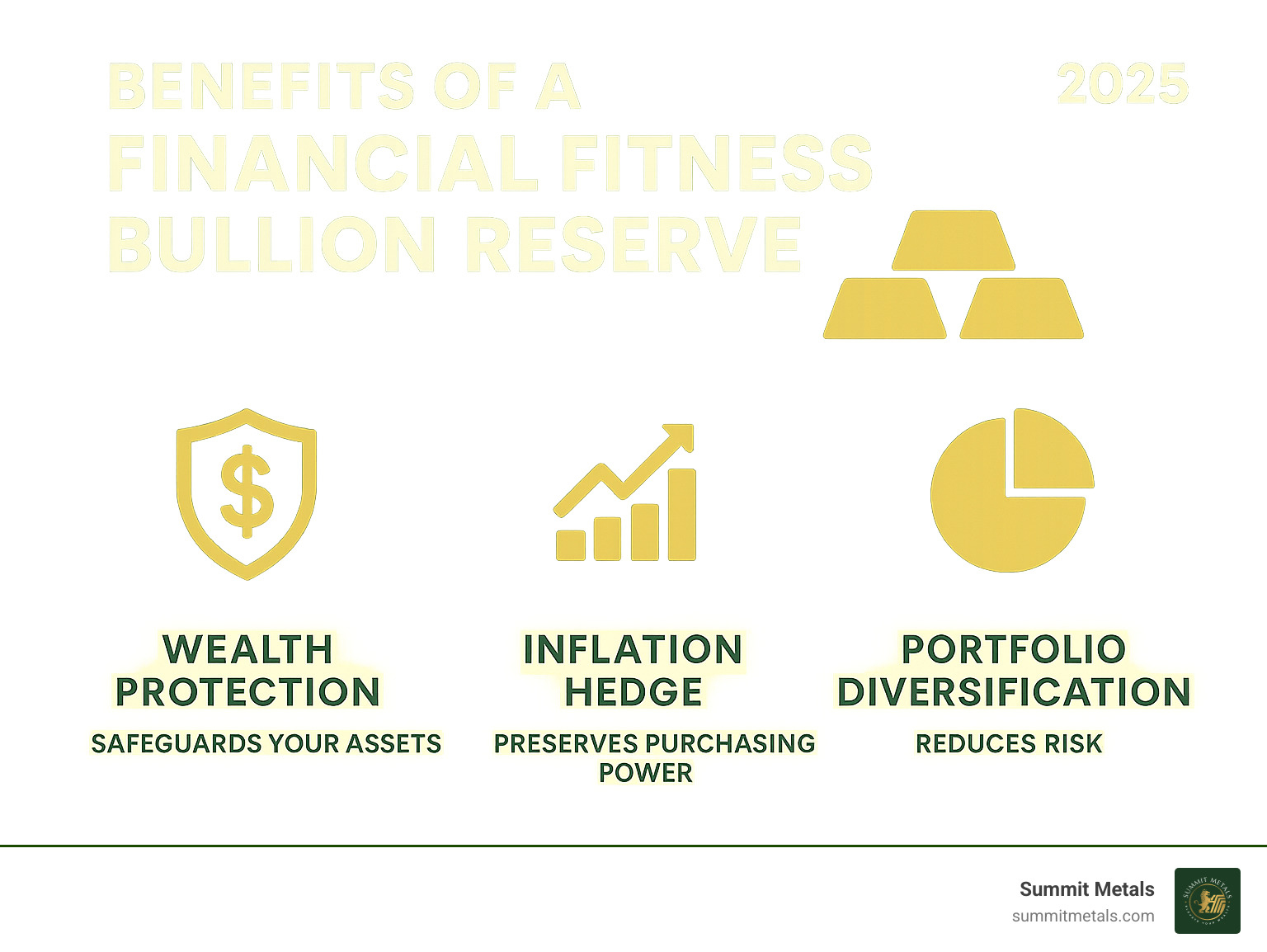 Description of infographic explaining the benefits of a financial fitness bullion reserve, including wealth protection, inflation hedge, and portfolio diversification. - financial fitness bullion reserve infographic 