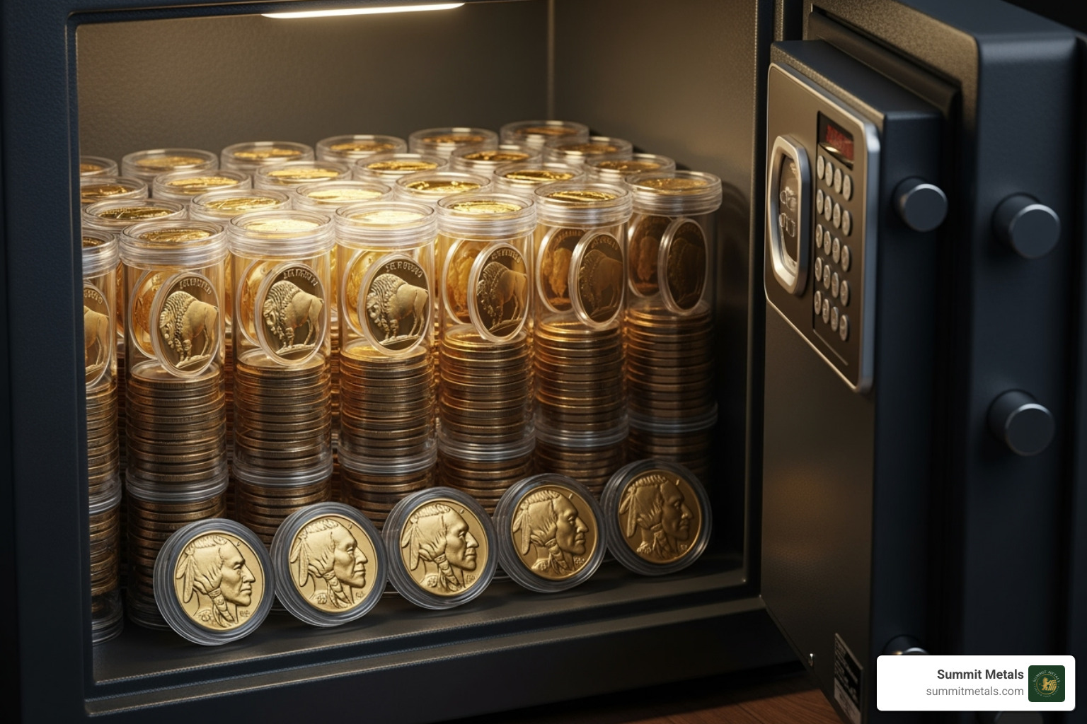 Gold Buffalo coins stored securely in a home safe inside capsules and tubes - are gold buffalo coins packaged in plastic or airtight containers