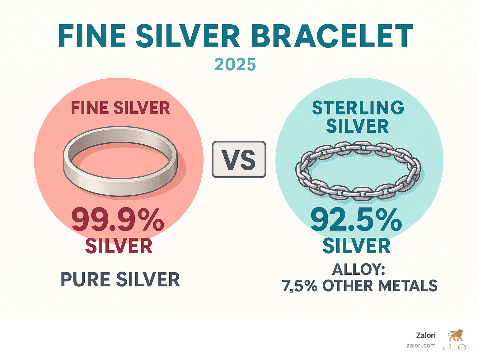 Infographic explaining the difference between Fine Silver (99.9%) and Sterling Silver (92.5%) - fine silver bracelet infographic Infographic explaining the difference between Fine Silver (99.9%) and Sterling Silver (92.5%) - fine silver bracelet infographic