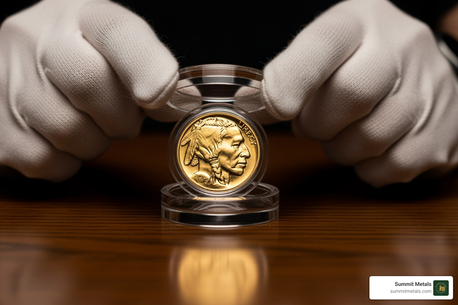 Person wearing cotton gloves carefully placing a Gold Buffalo coin into a capsule - are gold buffalo coins packaged in plastic or airtight containers