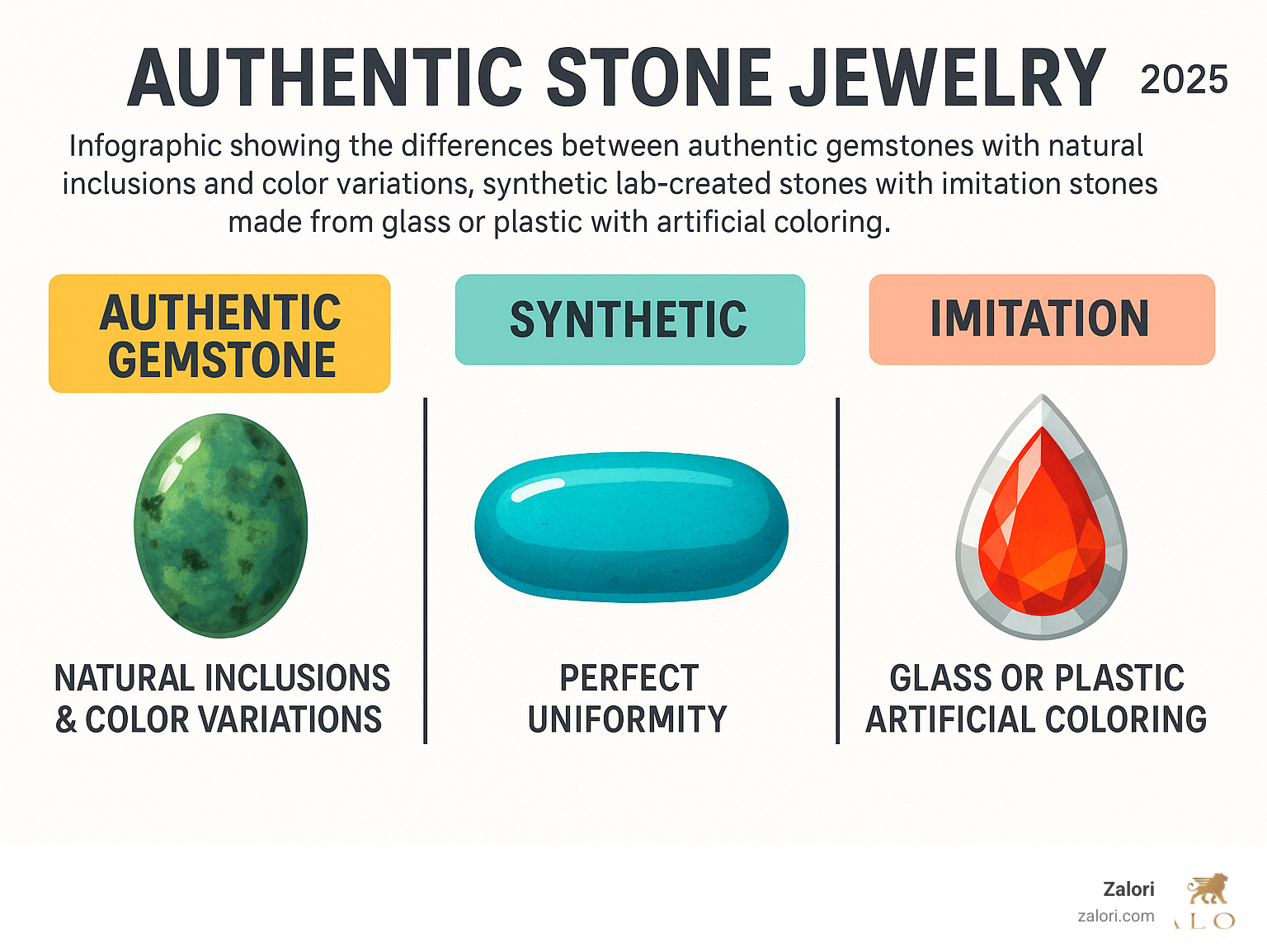 Infographic showing the differences between authentic gemstones with natural inclusions and color variations, synthetic lab-created stones with perfect uniformity, and imitation stones made from glass or plastic with artificial coloring - Authentic stone jewelry infographic 