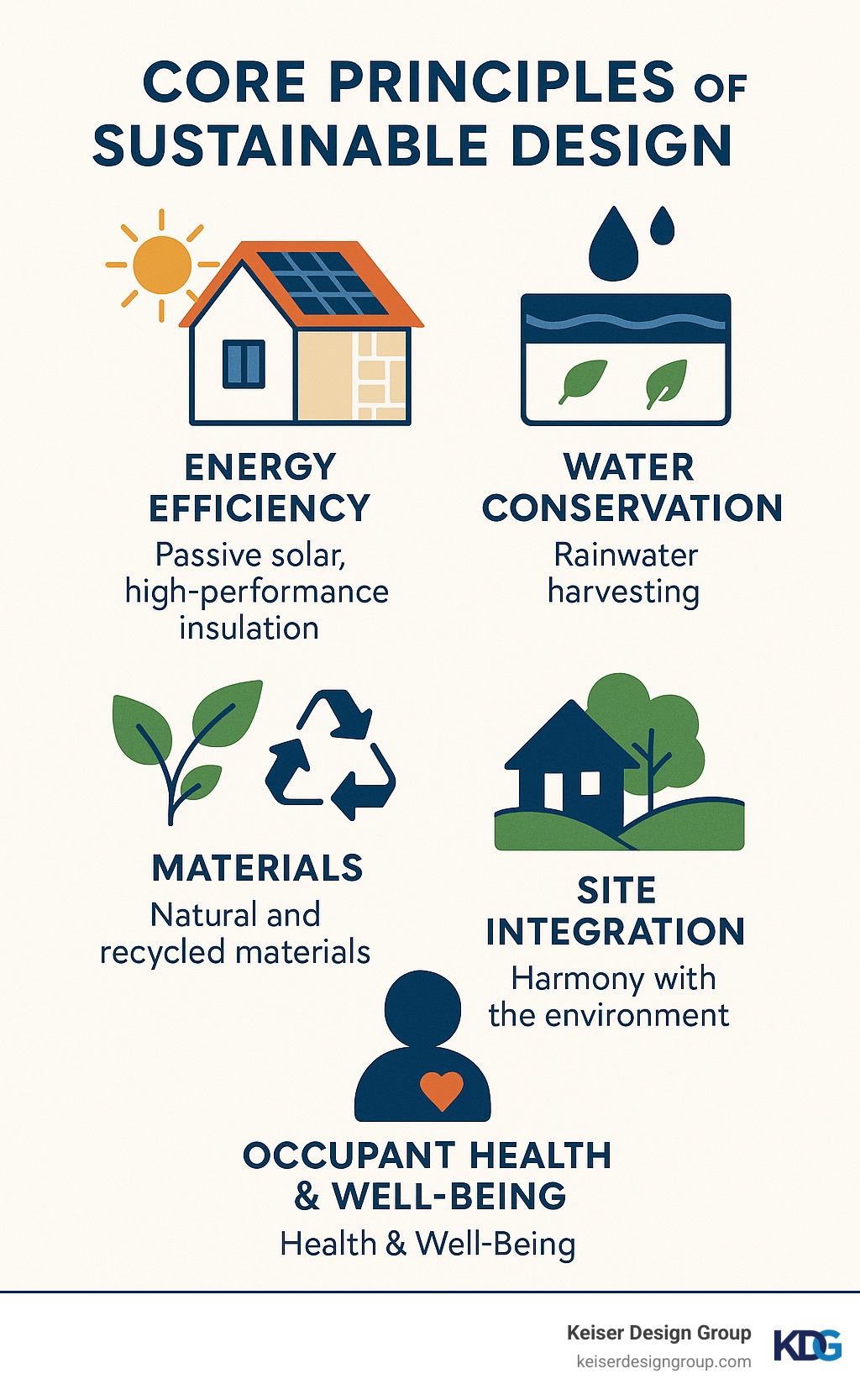 Infographic detailing the core principles of sustainable design, including energy efficiency through passive solar and high-performance insulation, water conservation with rainwater harvesting, responsible material selection like natural and recycled materials, site integration for harmony with the environment, and a focus on occupant health and well-being. - eco friendly home architects infographic 