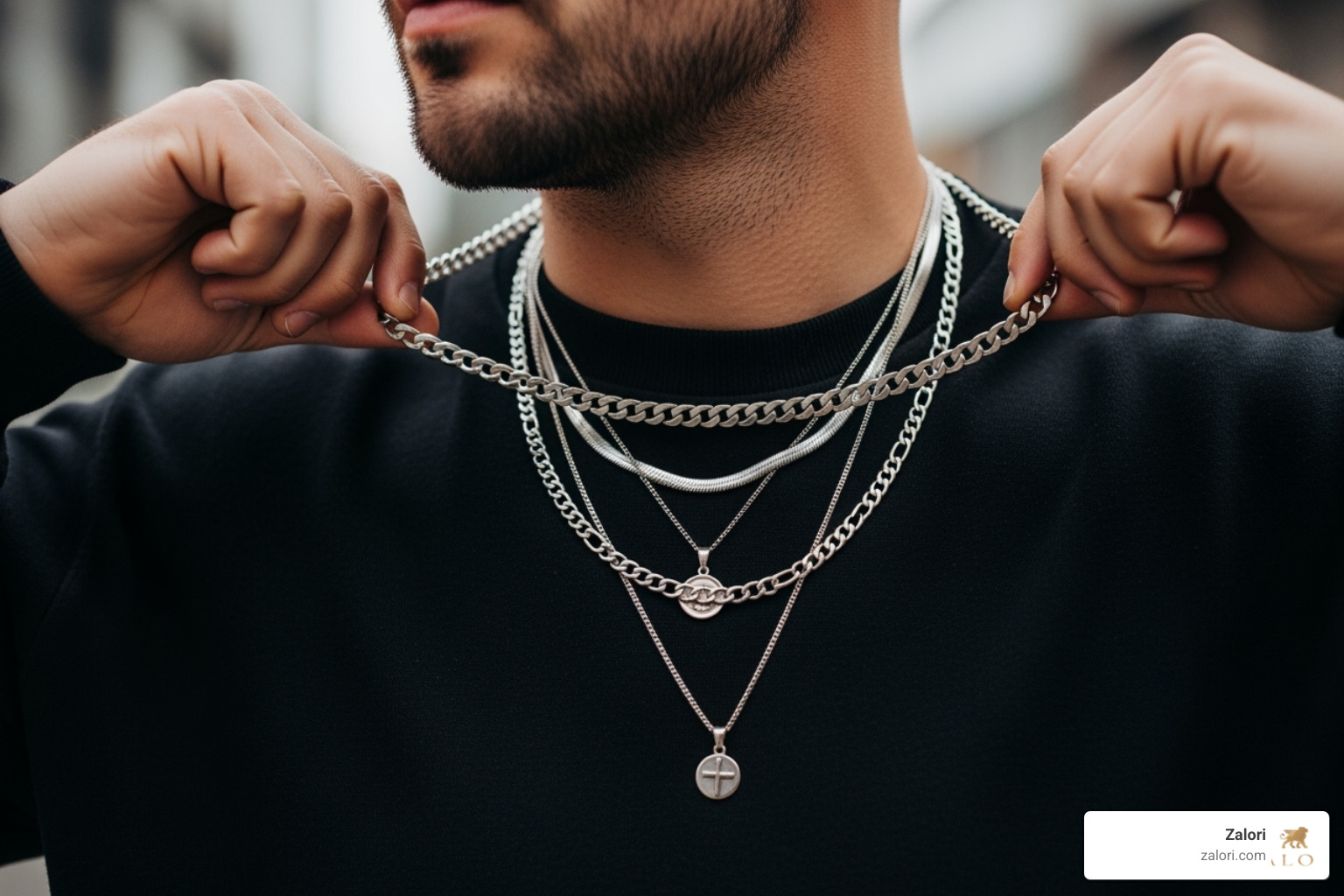 man layering different silver chains of varying lengths and thicknesses - luxury silver chain man layering different silver chains of varying lengths and thicknesses - luxury silver chain