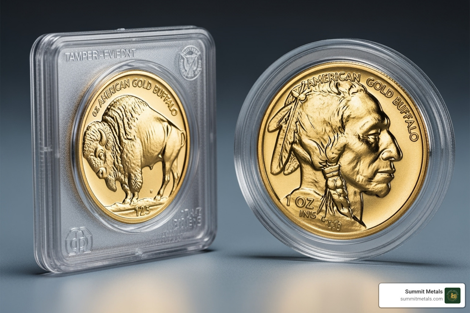 Comparison of a simple plastic flip and a hard, airtight acrylic coin capsule - are gold buffalo coins packaged in plastic or airtight containers