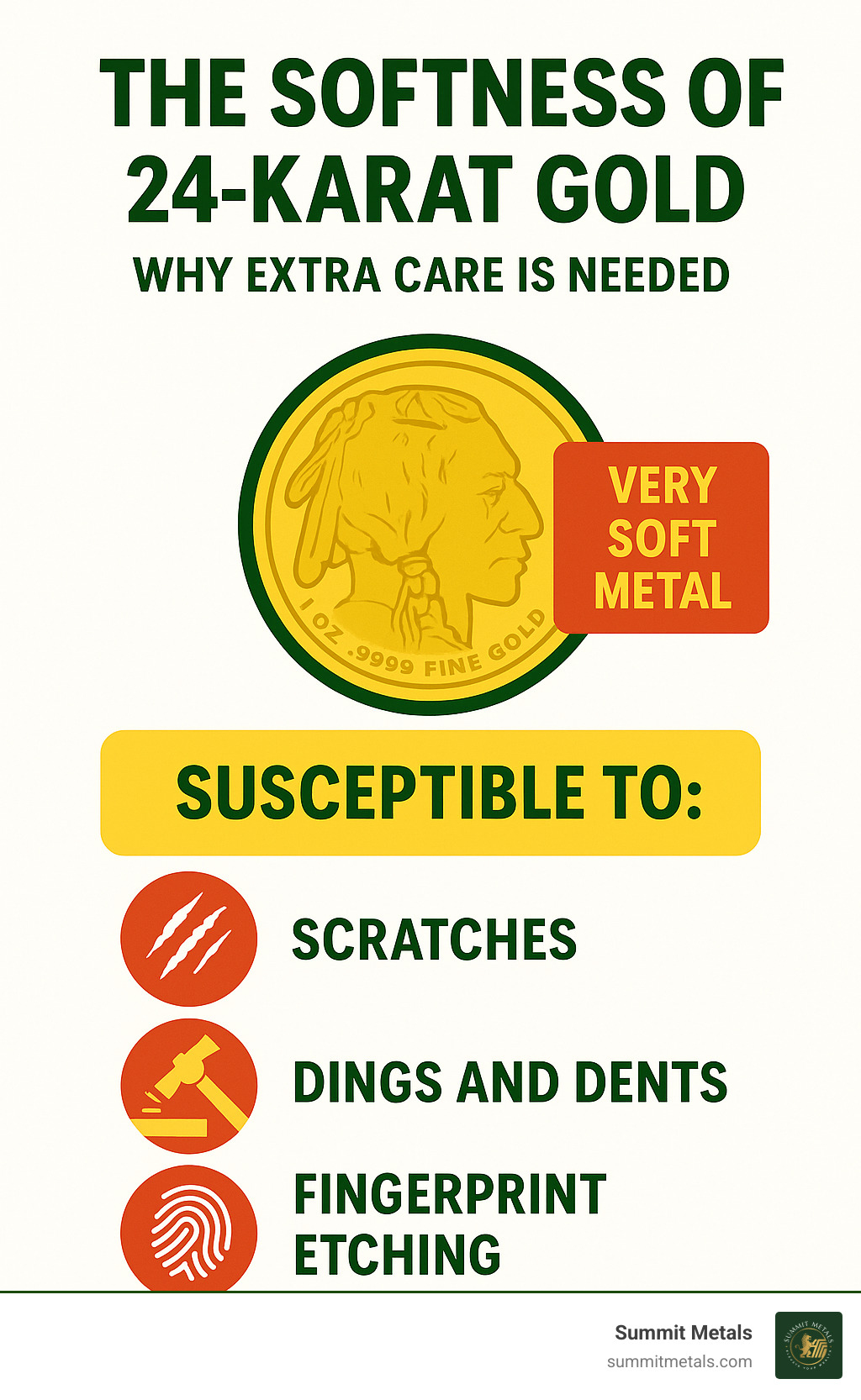 Infographic highlighting the softness of 24-karat gold and why extra care is needed - are gold buffalo coins packaged in plastic or airtight containers infographic 