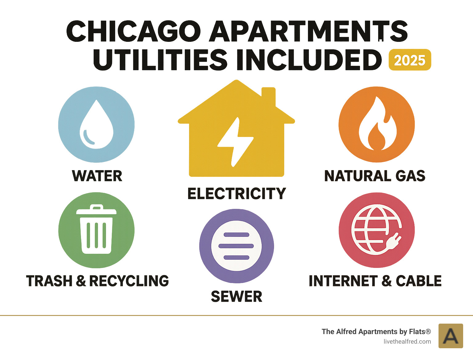 Infographic showing the breakdown of utilities typically included in Chicago apartment rentals: water service covering building water supply and usage, electricity for lighting and appliances, natural gas for heating and cooking, trash and recycling removal services, sewer services for wastewater management, and sometimes internet and cable television depending on the property - chicago apartments utilities included infographic 