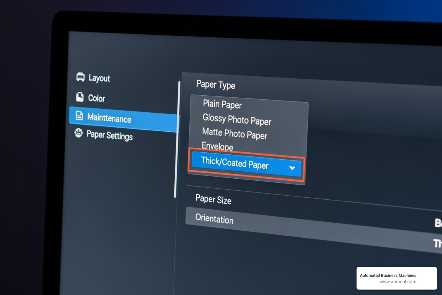 A laser printer's settings screen highlighting the paper type selection for "Heavy" or "Coated" paper. - Laser printer paper for maps