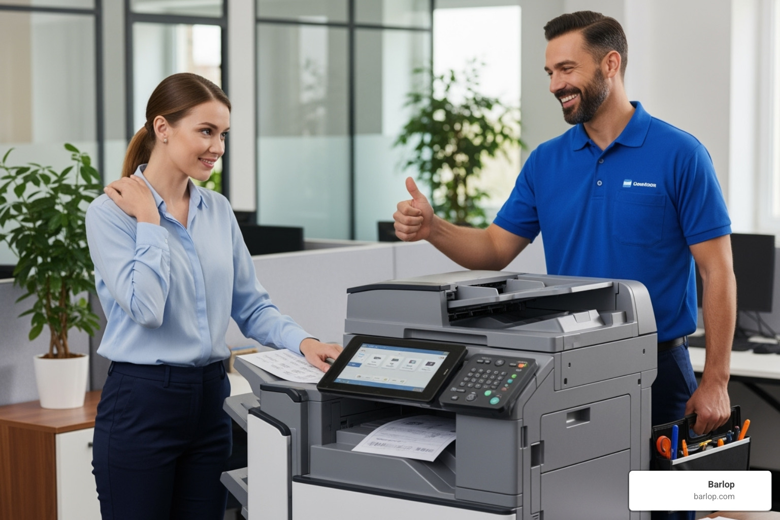 A person looking relieved next to a printer with a service technician - office printer hire