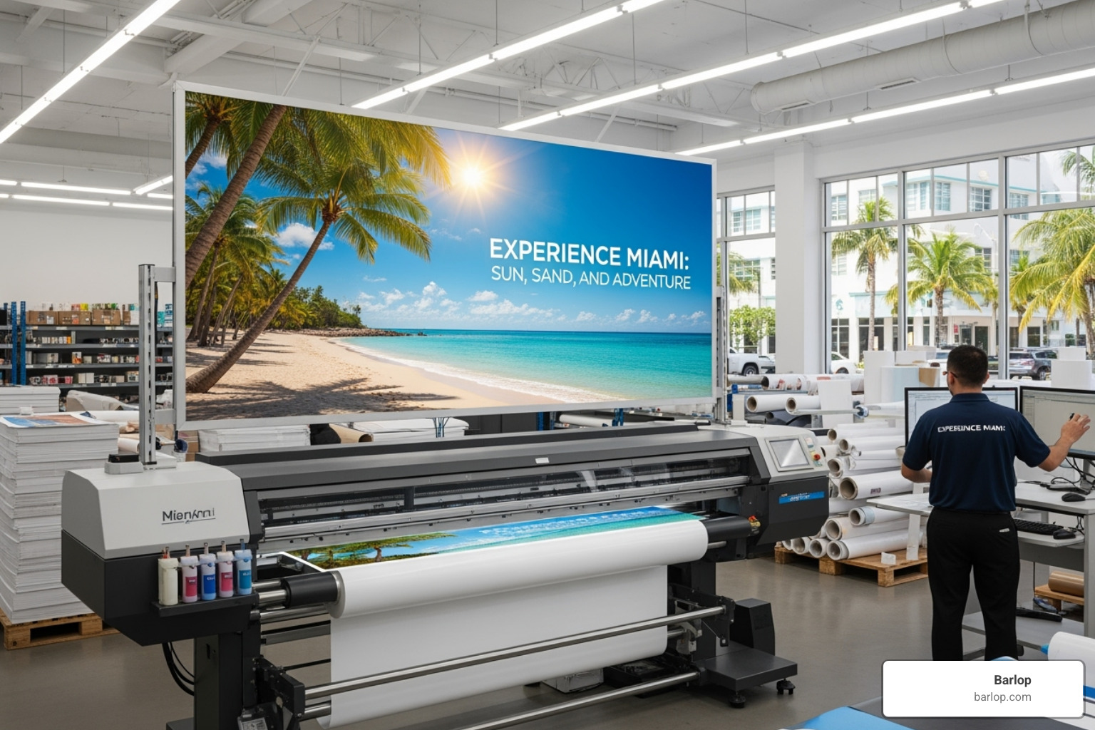 A sleek, modern trade show booth featuring large format graphics, backlit displays, and custom signage, exuding professionalism - large format printing miami