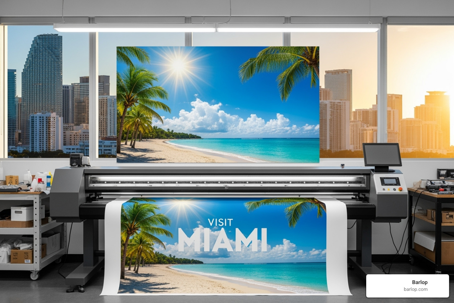 A vibrant Miami street scene with large format advertisements on buildings, buses, and billboards, showcasing their visibility impact - large format printing miami