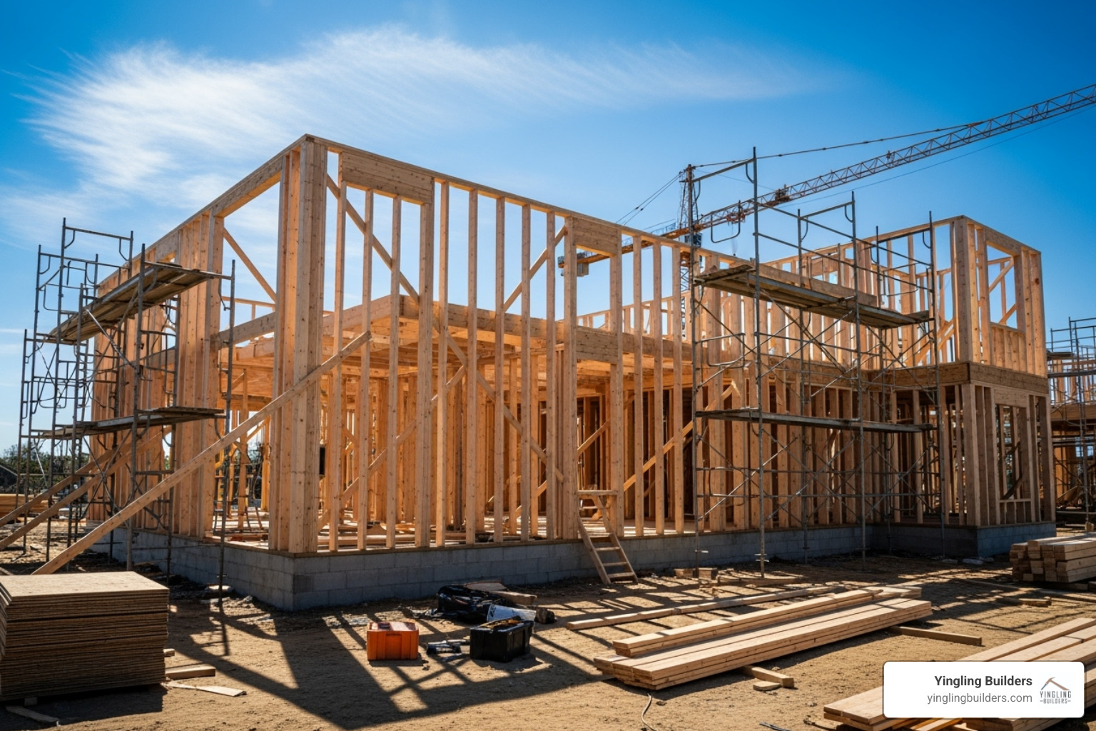 A custom home under construction, with the wooden frame clearly visible against a bright blue sky, showing the progress of the build - custom home process
