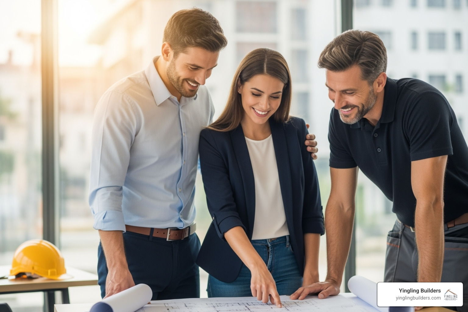 A smiling couple reviews blueprints with a male builder, pointing at details on the plans - custom home process