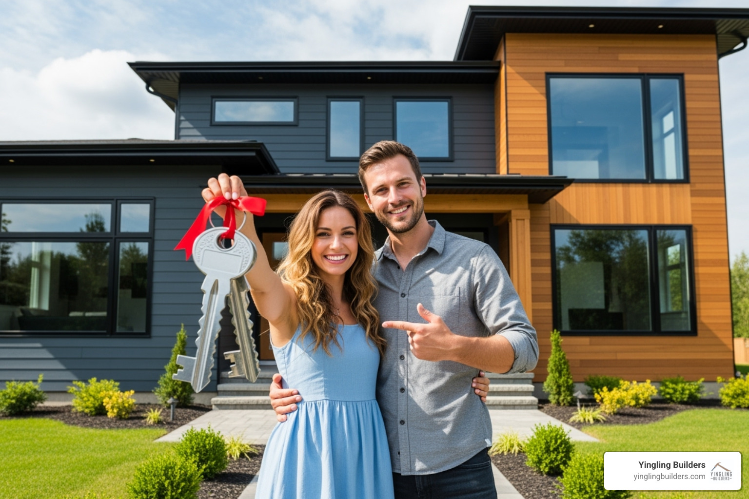 A happy couple, a man and a woman, stand smiling in front of their beautiful new custom home, holding a set of keys, with a sense of pride and accomplishment - custom home process