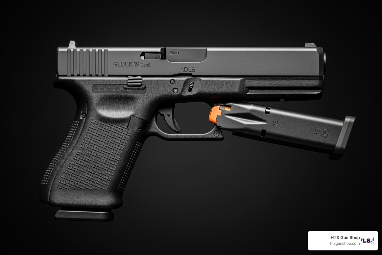 Glock 19 Gen5 with a weapon light attached, showcasing its accessory rail - Glock 19 Gen5 