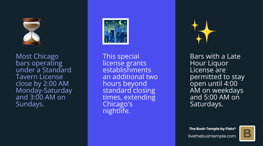 Infographic explaining the difference between Chicago's Standard and Late Hour Liquor Licenses - Late night bars Chicago infographic 3_facts_emoji_blue