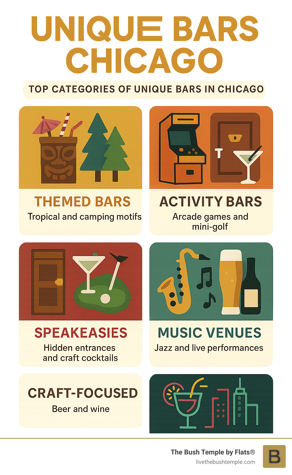 Infographic showing six categories of unique Chicago bars: Themed bars with tropical and camping motifs, Activity bars featuring arcade games and mini-golf, Speakeasies with hidden entrances and craft cocktails, Music venues hosting jazz and live performances, Craft-focused establishments specializing in beer and wine, and Visually striking bars with neon lights and rooftop views - Unique bars Chicago infographic 