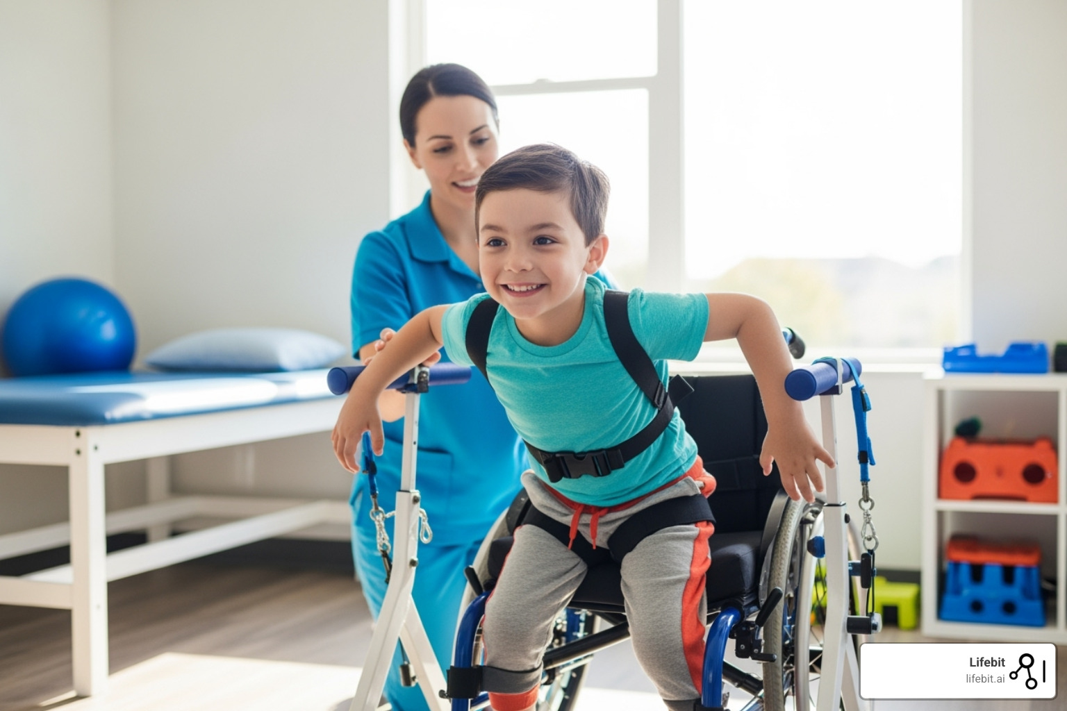 child with disability smiling during therapy session - define hie