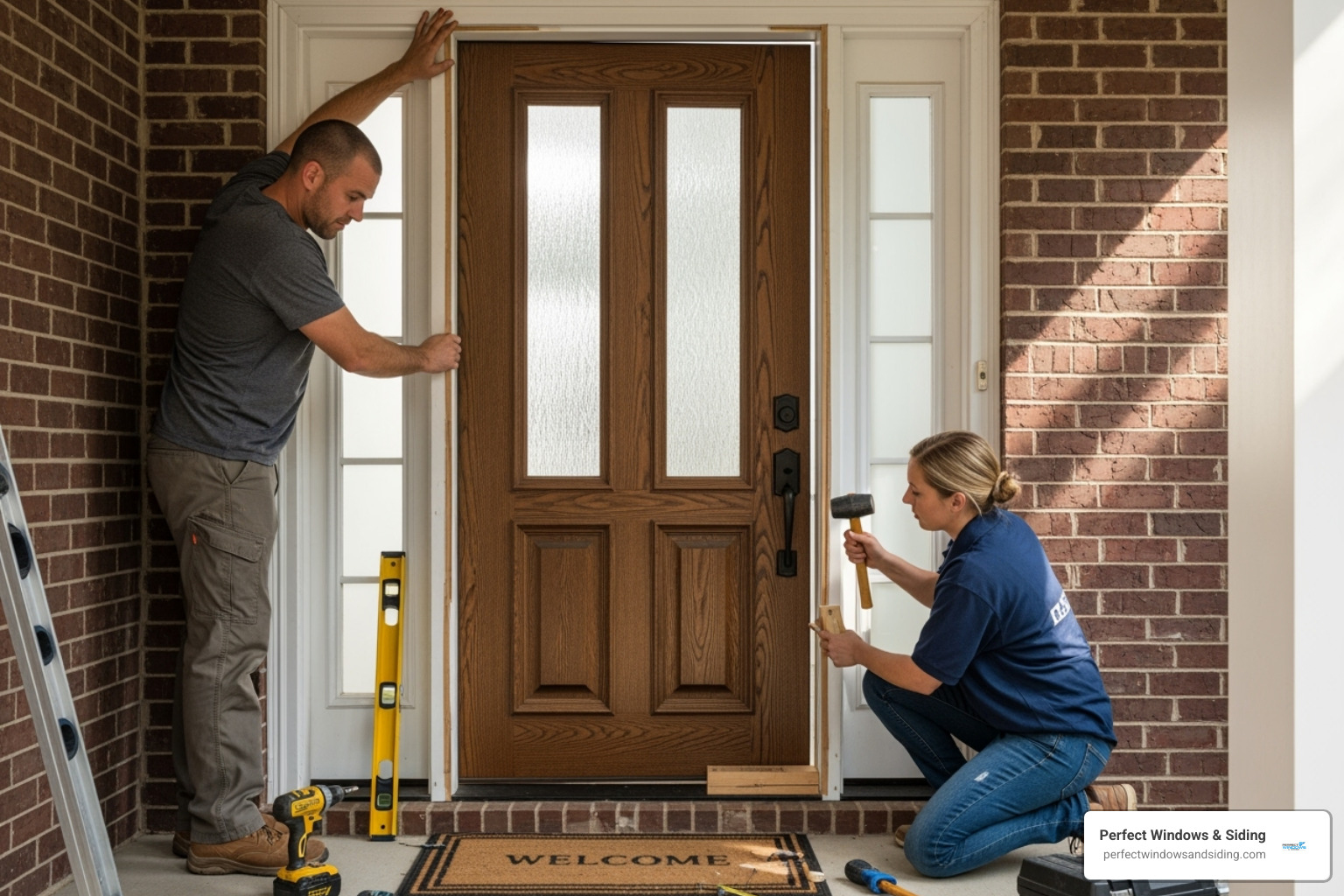 professional installers fitting a new custom entry door - custom made entry doors near me
