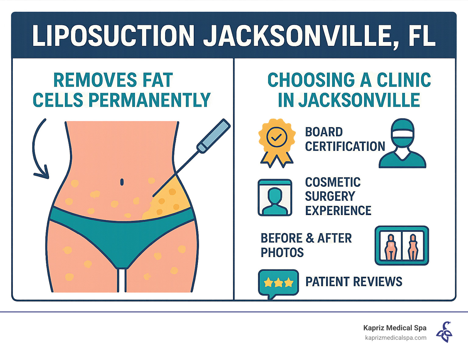 Infographic detailing how liposuction removes fat cells permanently and key factors for choosing a clinic in Jacksonville. - liposuction jacksonville fl infographic 