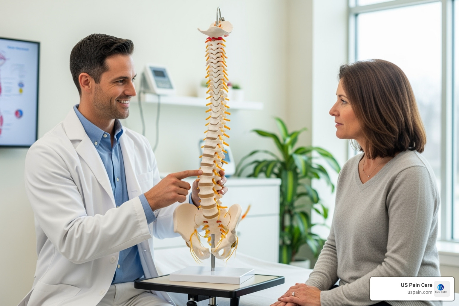 physician explaining spinal model to patient - low back pain treatments