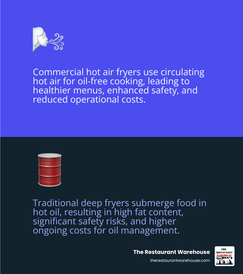 Infographic comparing commercial hot air frying (hot air circulation, oil-free, healthier food options, improved kitchen safety, reduced operational costs) to traditional deep frying (submerging in hot oil, high fat content, significant safety risks, higher operational costs from oil purchase and disposal). - commercial hot air fryer infographic 2_facts_emoji_blue