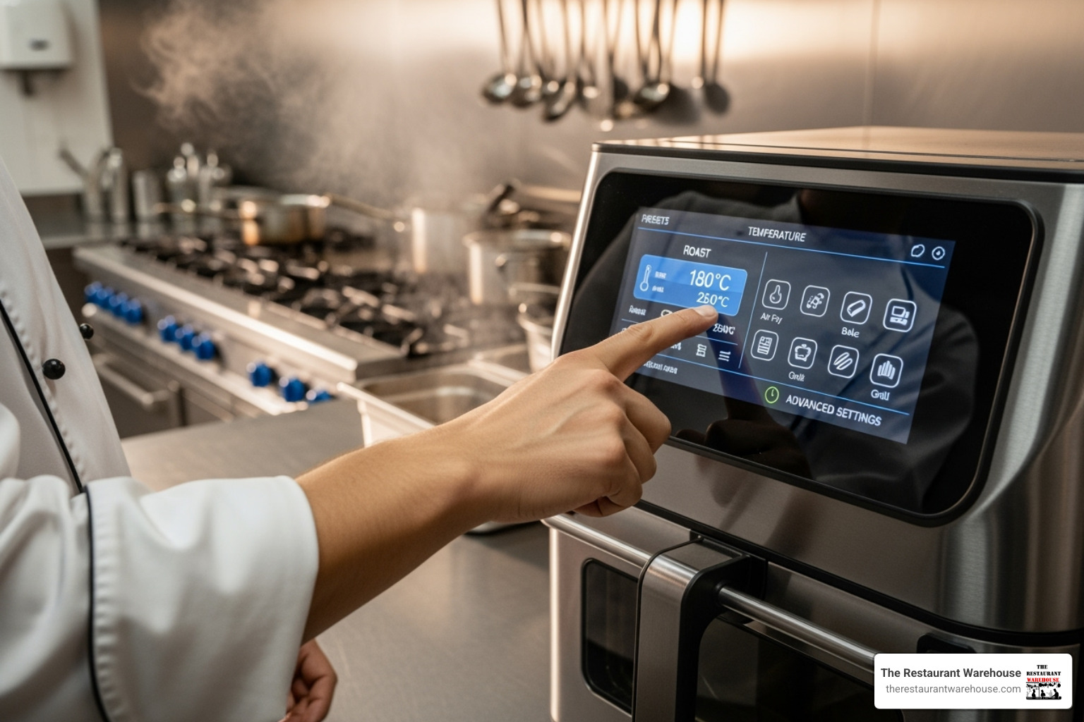 A chef programming a modern, digital touchscreen on a commercial air fryer, highlighting ease of use and advanced features. - commercial hot air fryer
