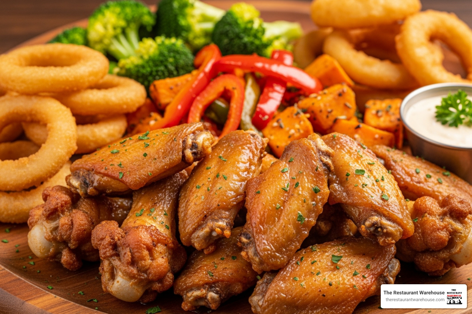A variety of perfectly cooked foods like chicken wings, onion rings, and vegetables on a platter, showcasing the golden-brown crispiness achieved with a commercial hot air fryer. - commercial hot air fryer