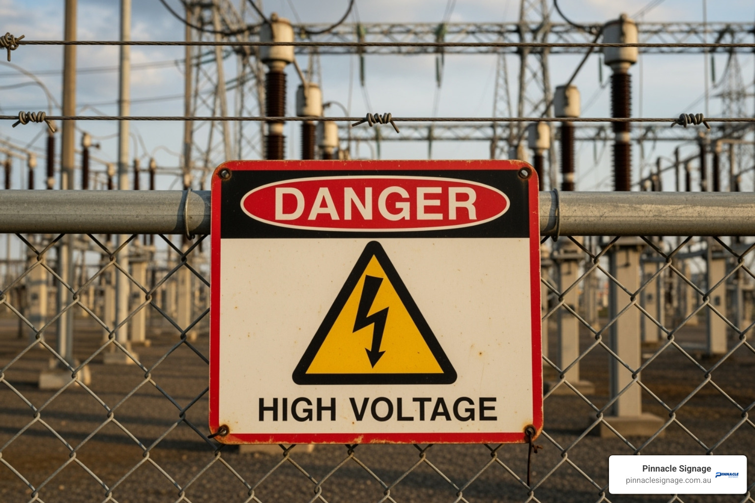 High Voltage Keep Out sign on a substation fence - electrical hazard warning signs