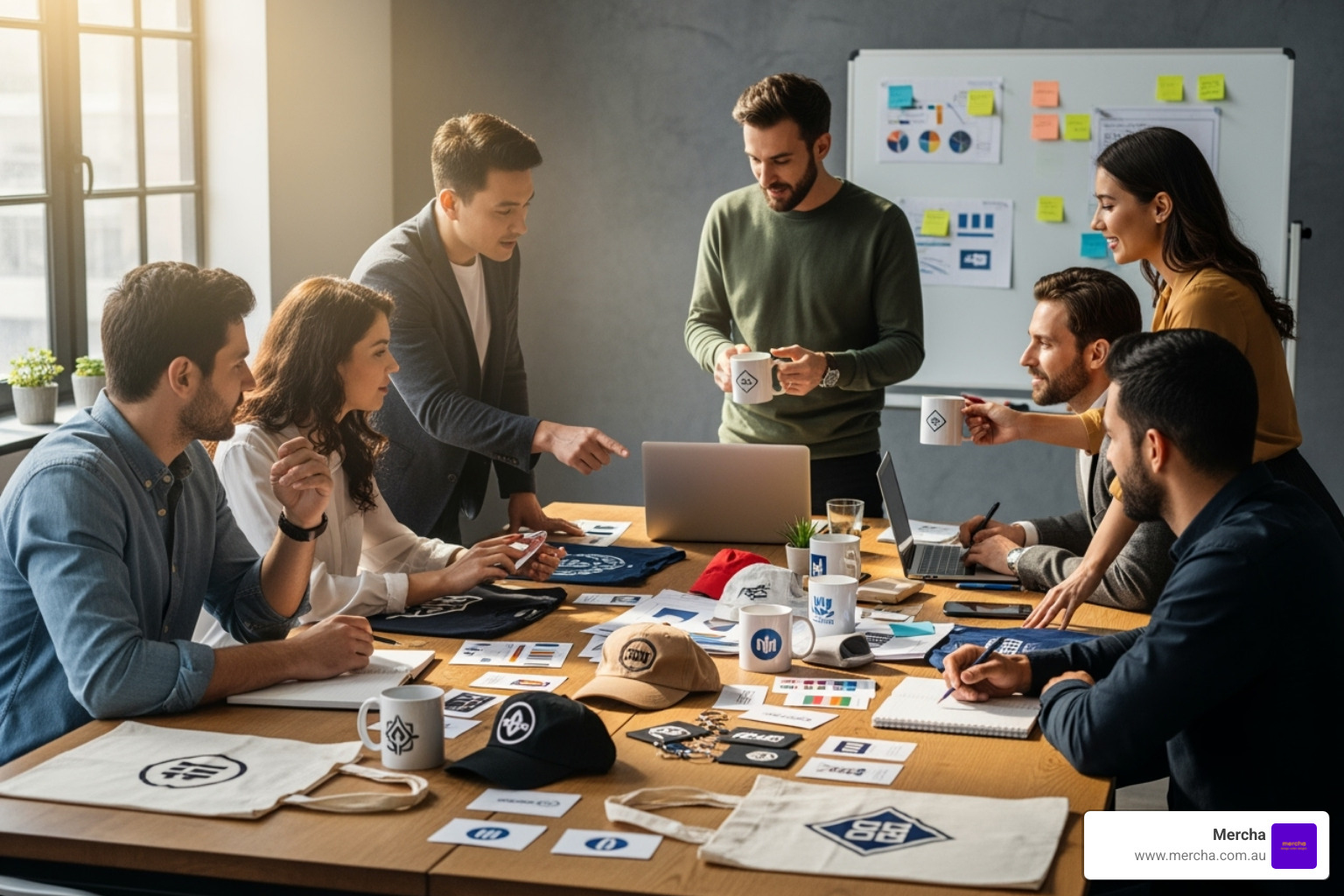 a team collaborating around a table with various merchandise samples - marketing items for business