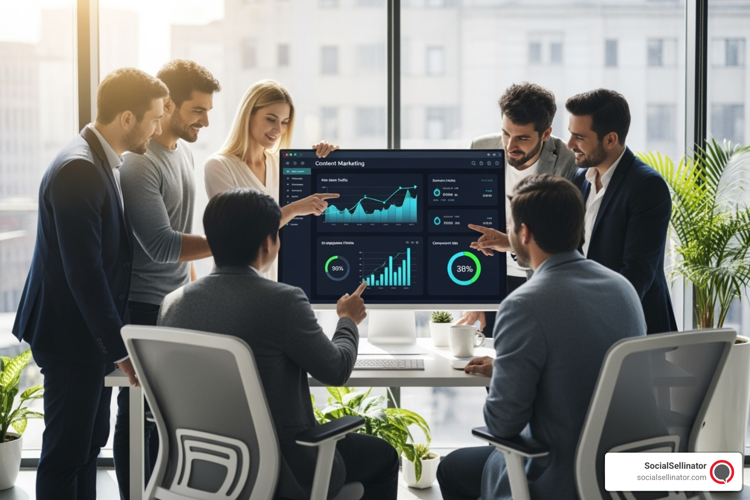 A successful business team reviewing their positive content marketing analytics on a large screen, showing graphs of increased traffic and conversions. - professional content writing services