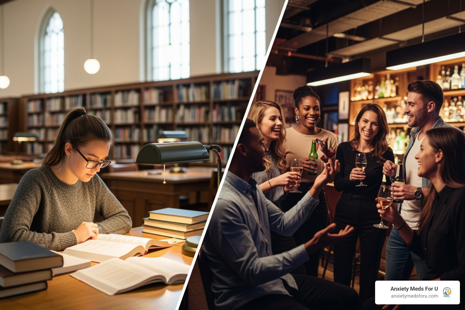 Comparing a focused student in a library to a social gathering to illustrate different uses - how adderall works